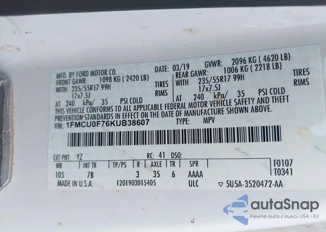 2019 Ford Escape S из США, поврежденный, VIN 1FMCU0F76KUB38607